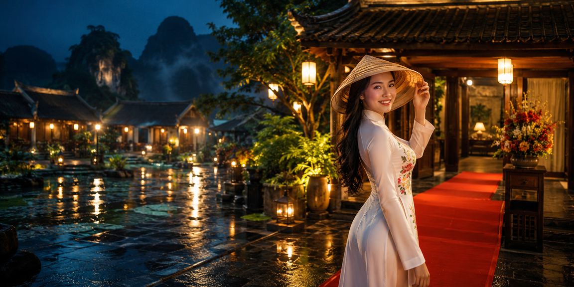 Khung cảnh Ninh Bình với chủ đề casino và nón lá cho thành viên Việt